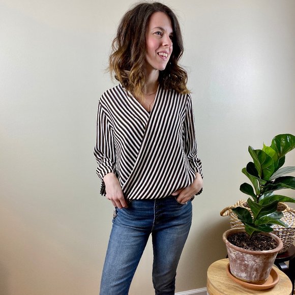 SOLD | Glamorous Striped Faux Wrap Blouse - Picture 2 of 8